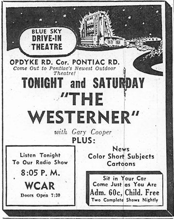 Blue Sky Drive-In Theatre - Ad From Oakland Press